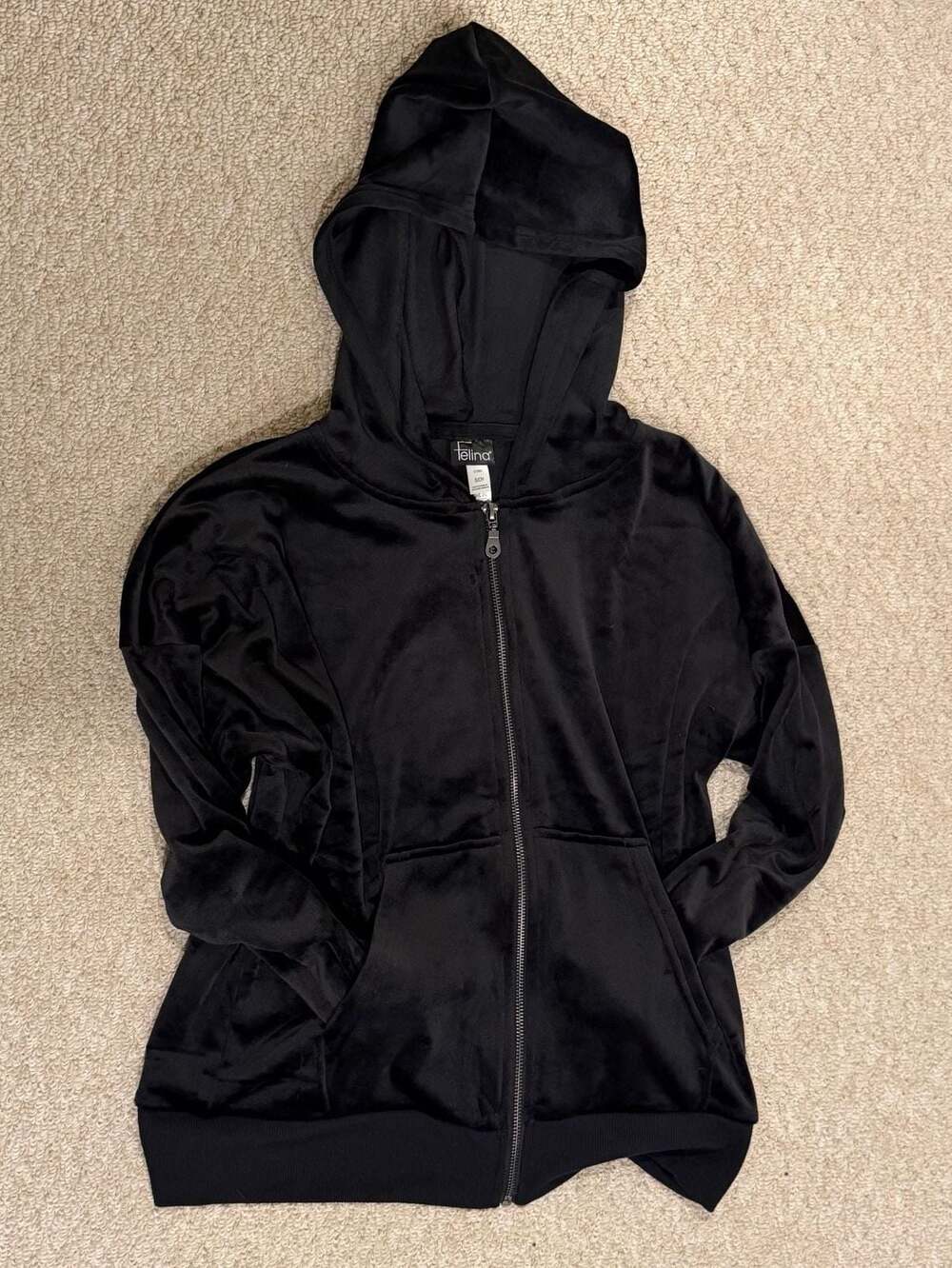 Felina Black Velour Full-Zip Hoodie Sweatshirt with Pockets Size S